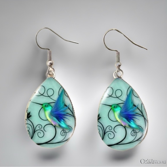 Wings of Light: Hummingbird Glass Teardrop Earrings on Sterling Silver Hooks - Picture 1 of 2